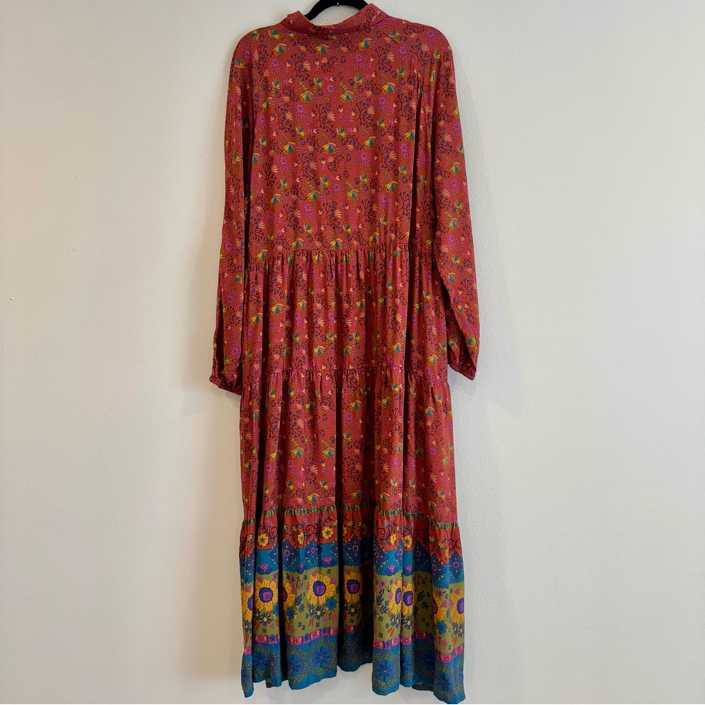 NATURAL LIFE Red Floral Long Sleeve Boho Maxi Dress with Blue & Yellow Border - Picture 2 of 8